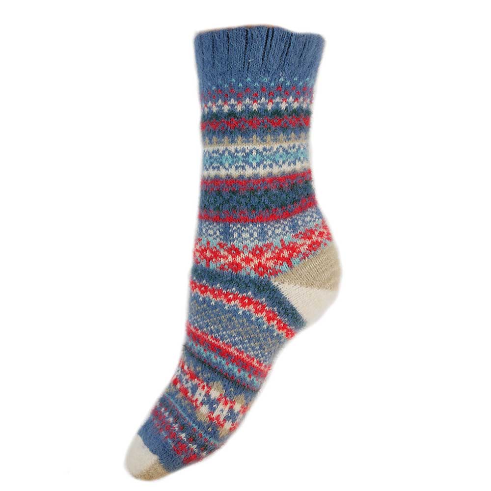 BLUE, CREAM AND RED SCANDI PATTERNED SOFT WOOL BLEND SOCKS