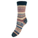 FAWN, GREEN AND BURGUNDY SCANDI PATTERNED SOFT WOOL BLEND SOCKS