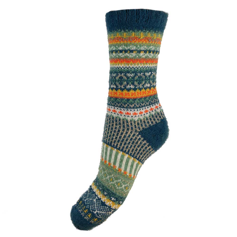 GREEN AND ORANGE SCANDI PATTERNED SOFT WOOL BLEND SOCKS