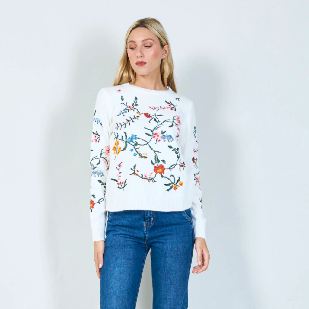 Botanical embroidered knit sweater