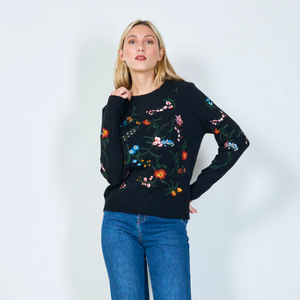 Botanical embroidered knit sweater