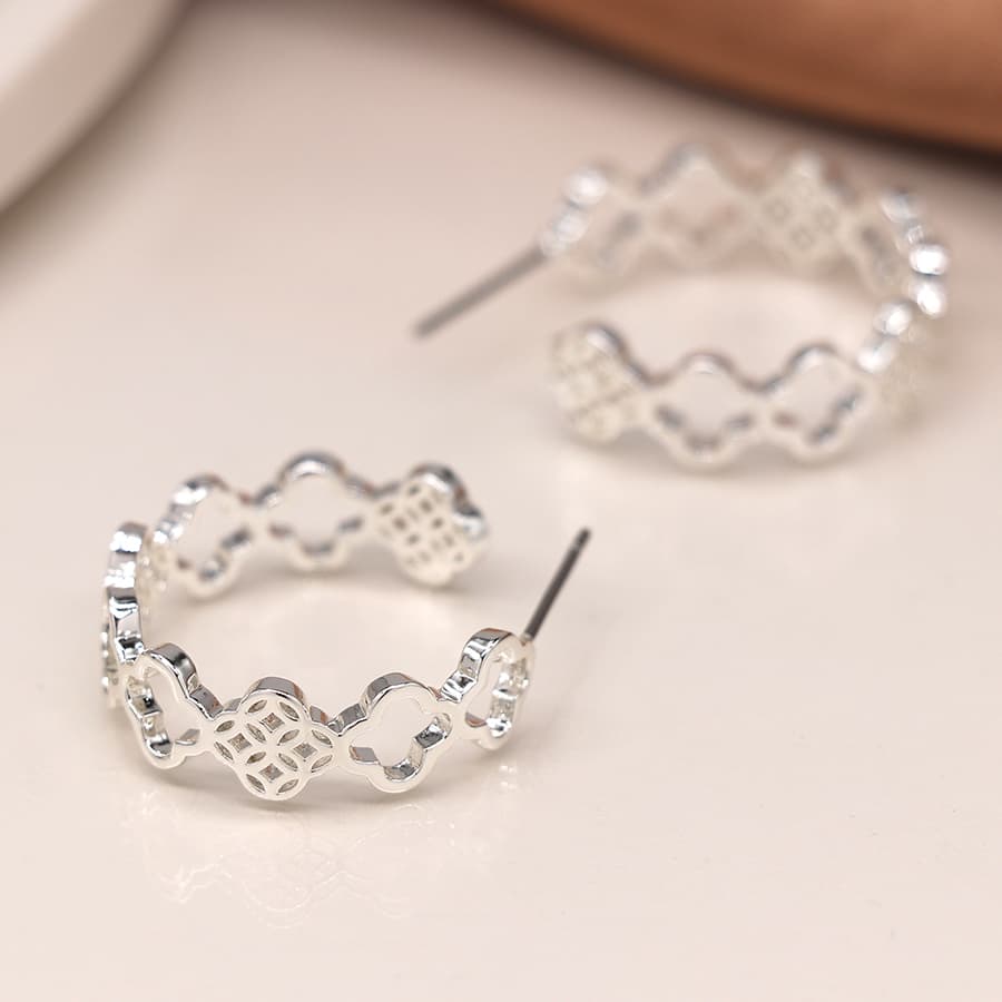 Silver plated multi quatrefoil hoop earrings