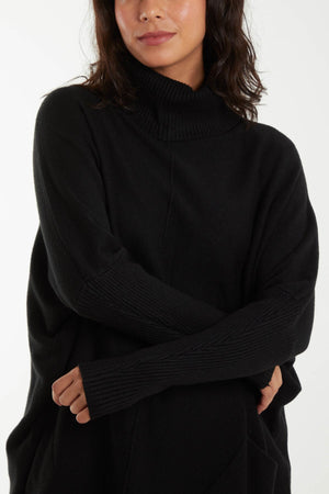 ROLL NECK POCKET BATWING SLEEVE OVERSIZED JUMPER