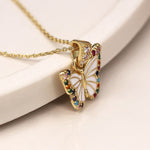 Golden, white and rainbow butterfly necklace