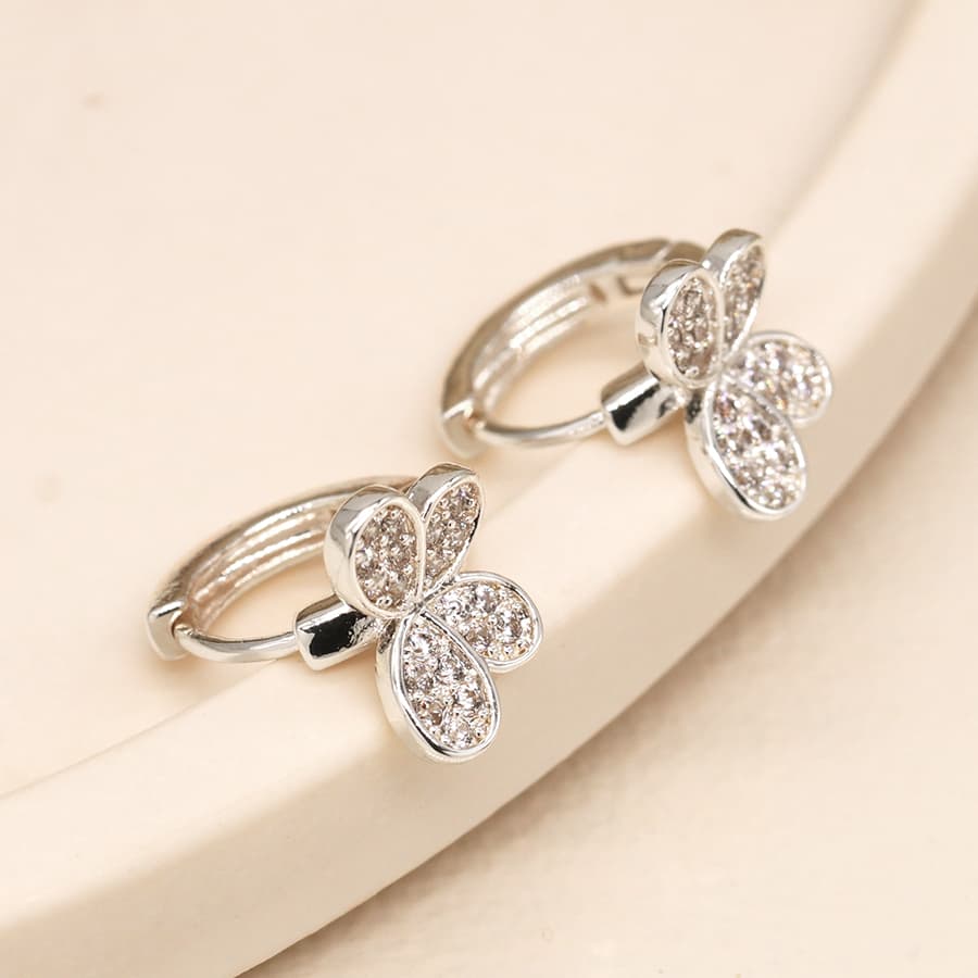 Silver plated crystal butterfly hoops
