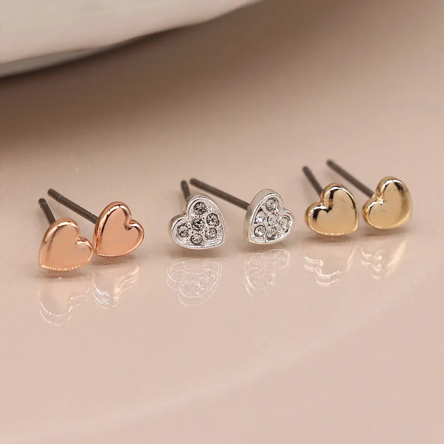 Triple heart rose gold silver and crystal earring set