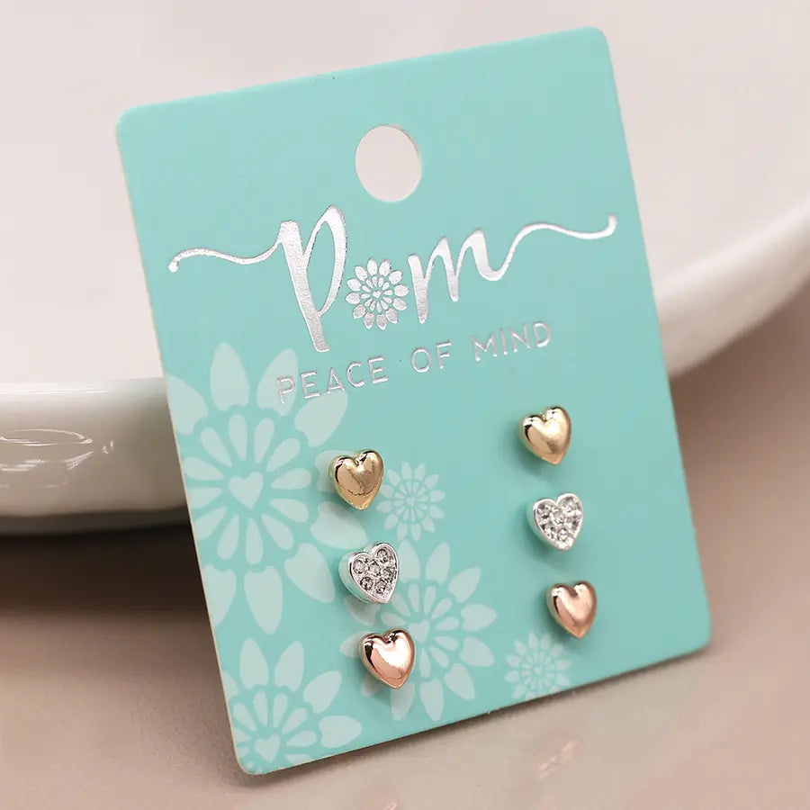 Triple heart rose gold silver and crystal earring set
