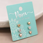 Triple heart rose gold silver and crystal earring set
