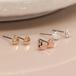 Triple heart rose gold silver and crystal earring set