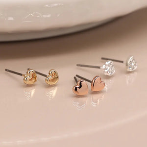 Triple heart rose gold silver and crystal earring set