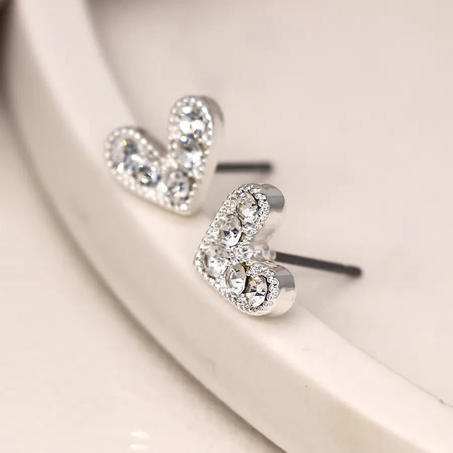 Silver plated crystal heart stud earrings