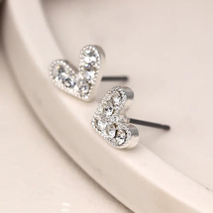 Silver plated crystal heart stud earrings