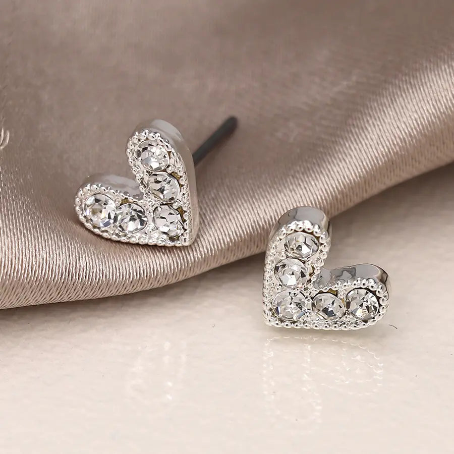 Silver plated crystal heart stud earrings