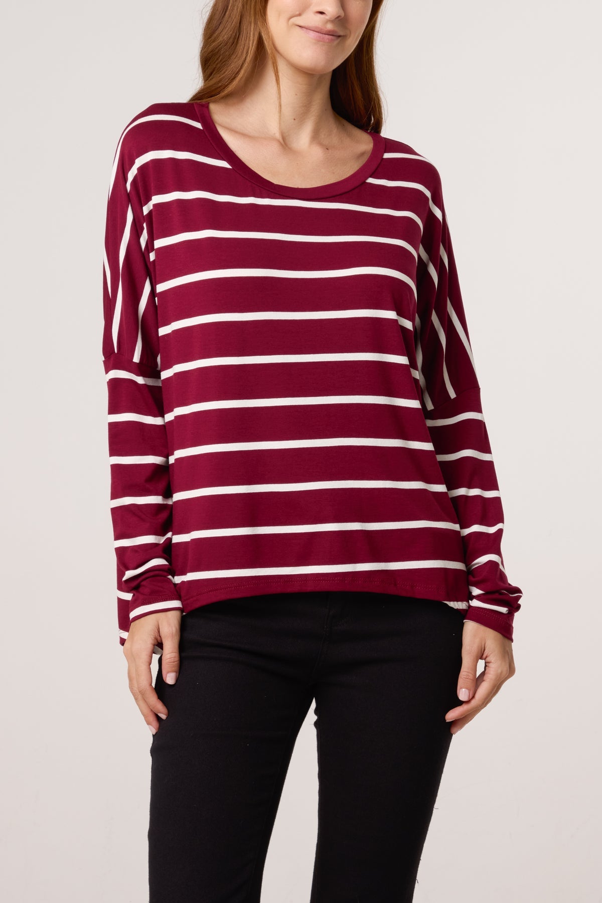 SCOOP NECK LONG SLEEVE STRIPE TOP