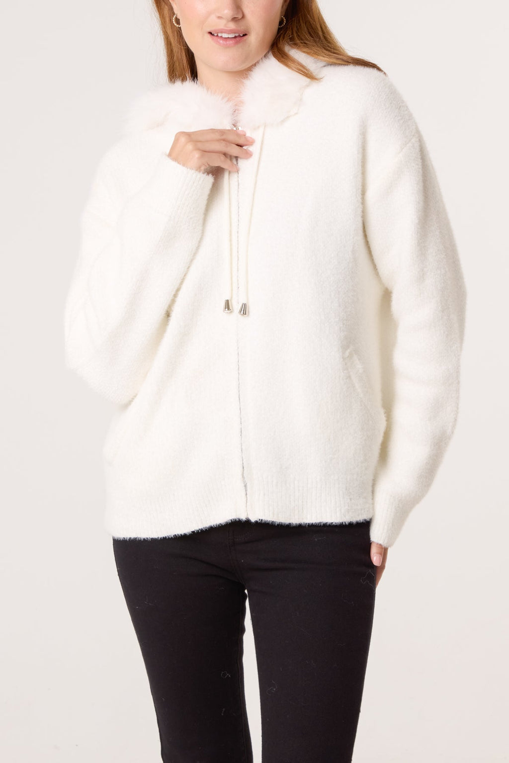 ZIP UP FUR TRIM CHENILLE HAIRY HOODIE