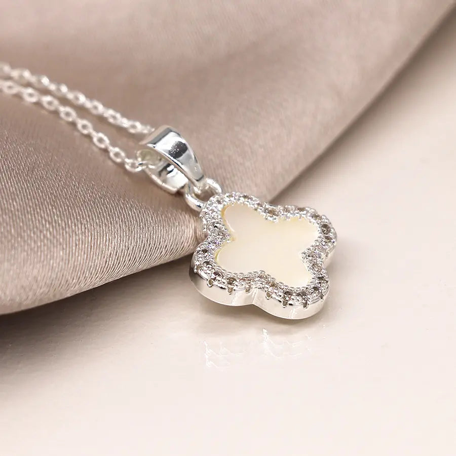 Silver plated crystal edged quatrefoil necklace