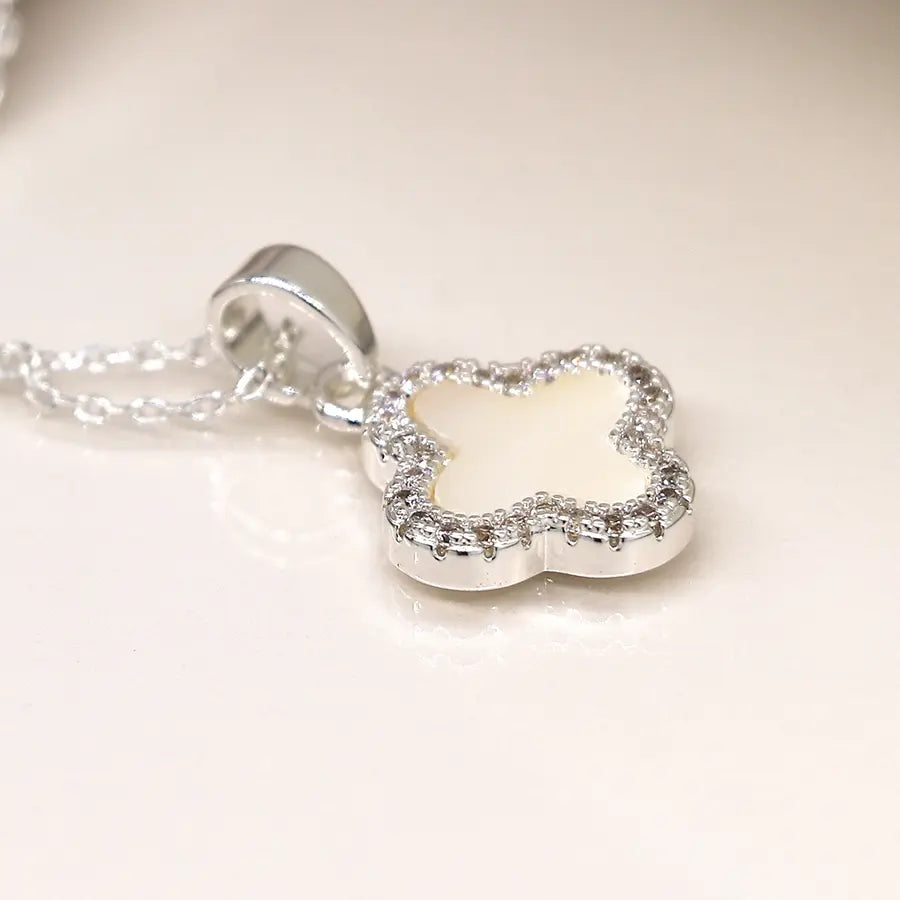 Silver plated crystal edged quatrefoil necklace
