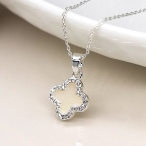 Silver plated crystal edged quatrefoil necklace