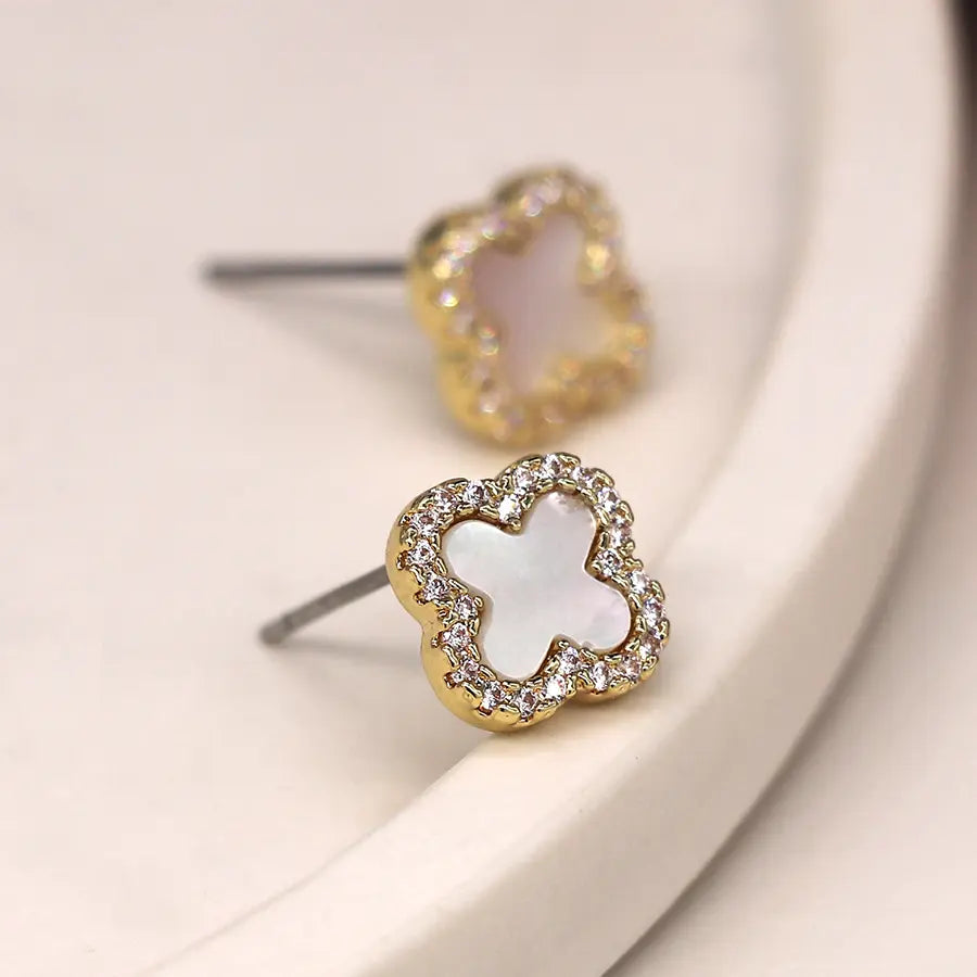 Golden crystal edged quatrefoil earrings