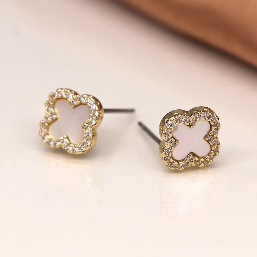 Golden crystal edged quatrefoil earrings