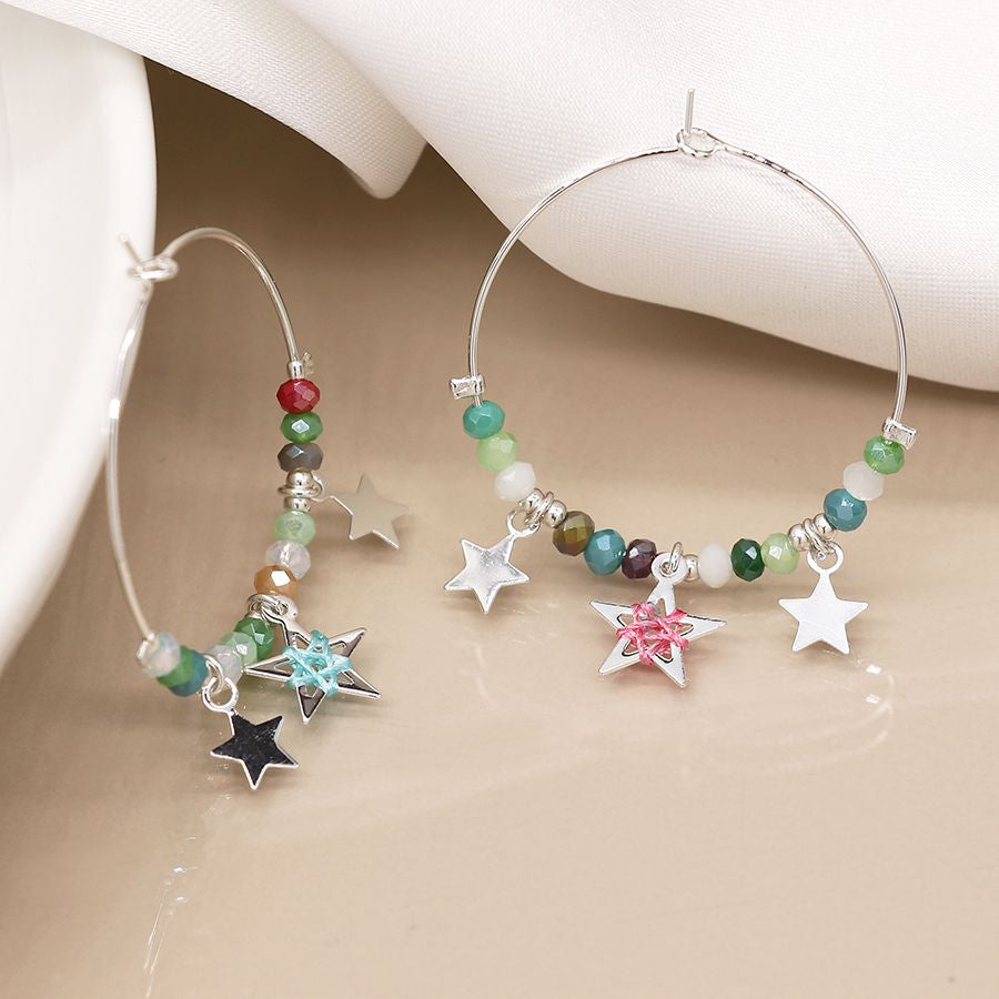 Silver plated hoop earrings with mixed beads and stars