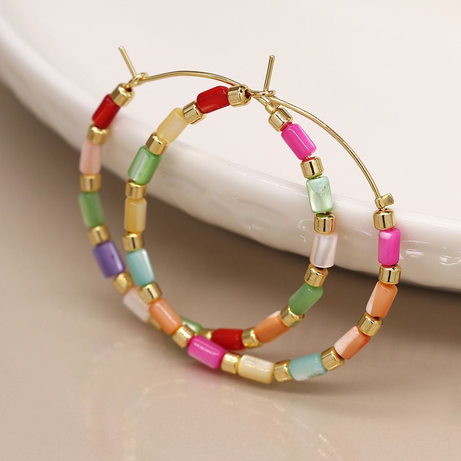 Rainbow shell and golden hoop earrings 3799