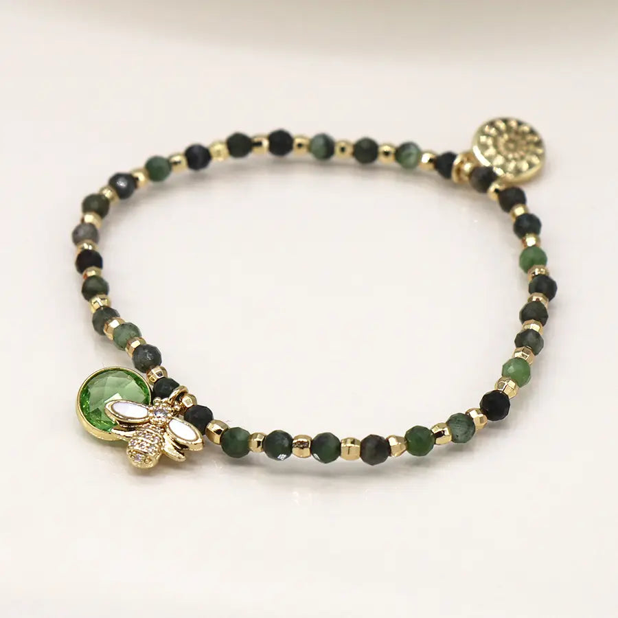 Green and golden bee charm bracelet