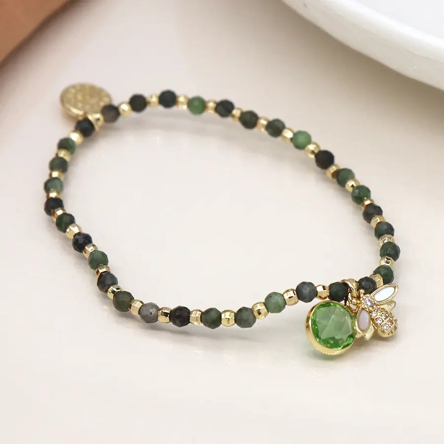 Green and golden bee charm bracelet