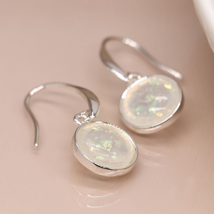Silver plated white opalite drop disc earrings 3851