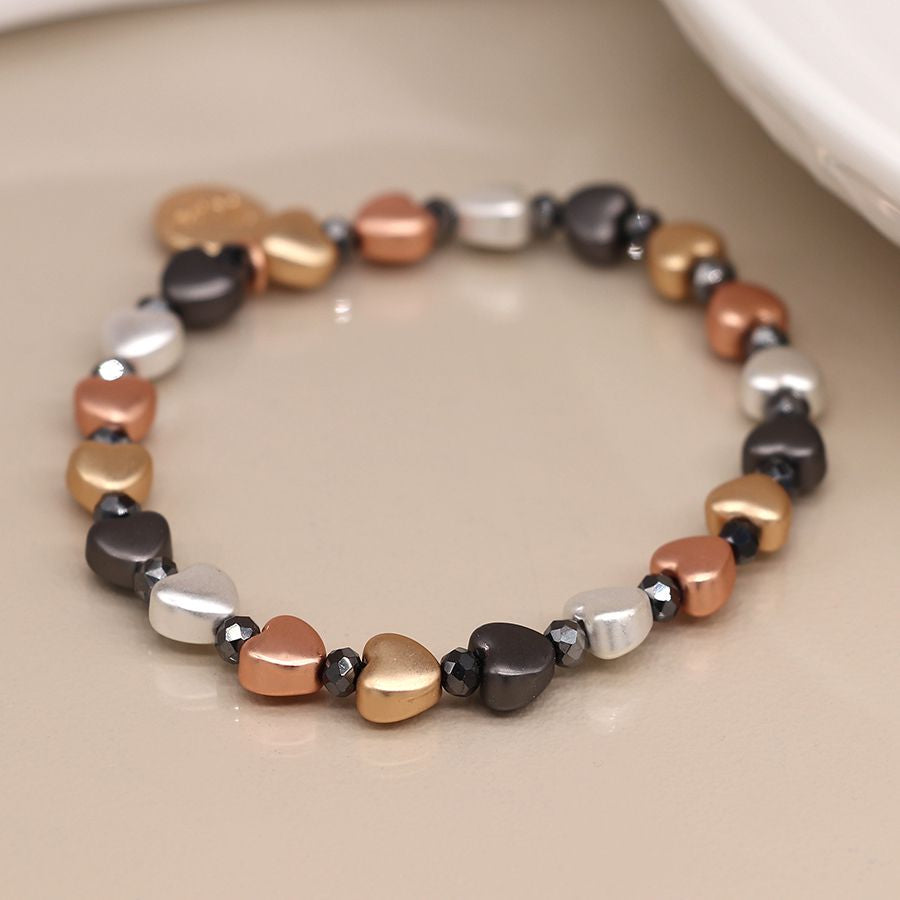 Mixed metallic heart bracelet with black beads 3737