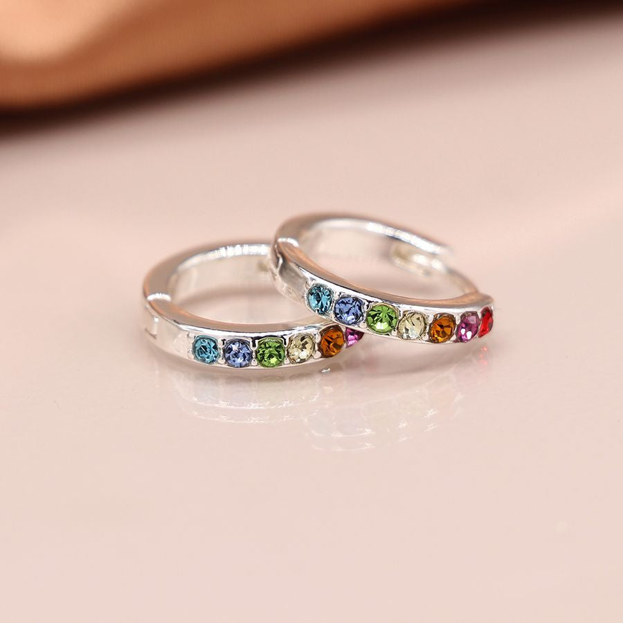 Silver plated rainbow crystal huggie hoop earrings 3750