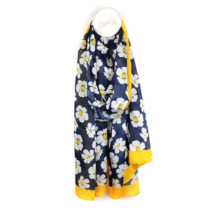 Silky navy pansy print scarf with yellow border 52669