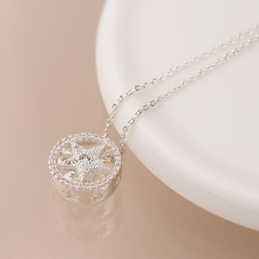 Silver plated star in circle heart in circle necklace