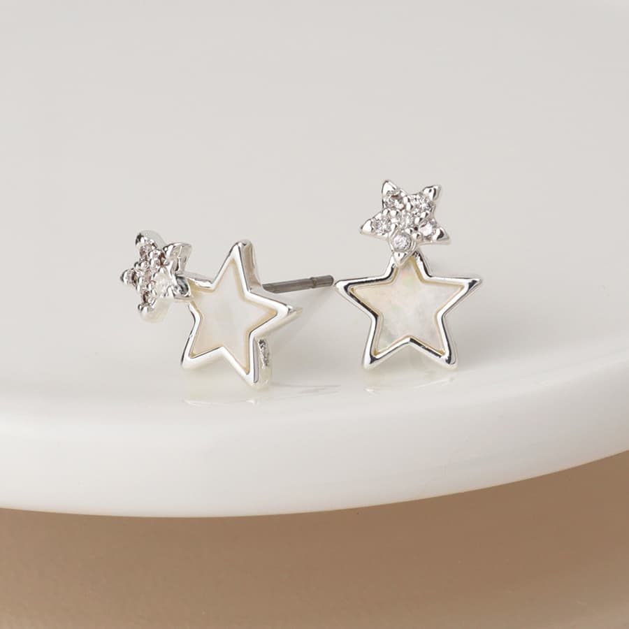 Silver plated double crystal and pearl star studs