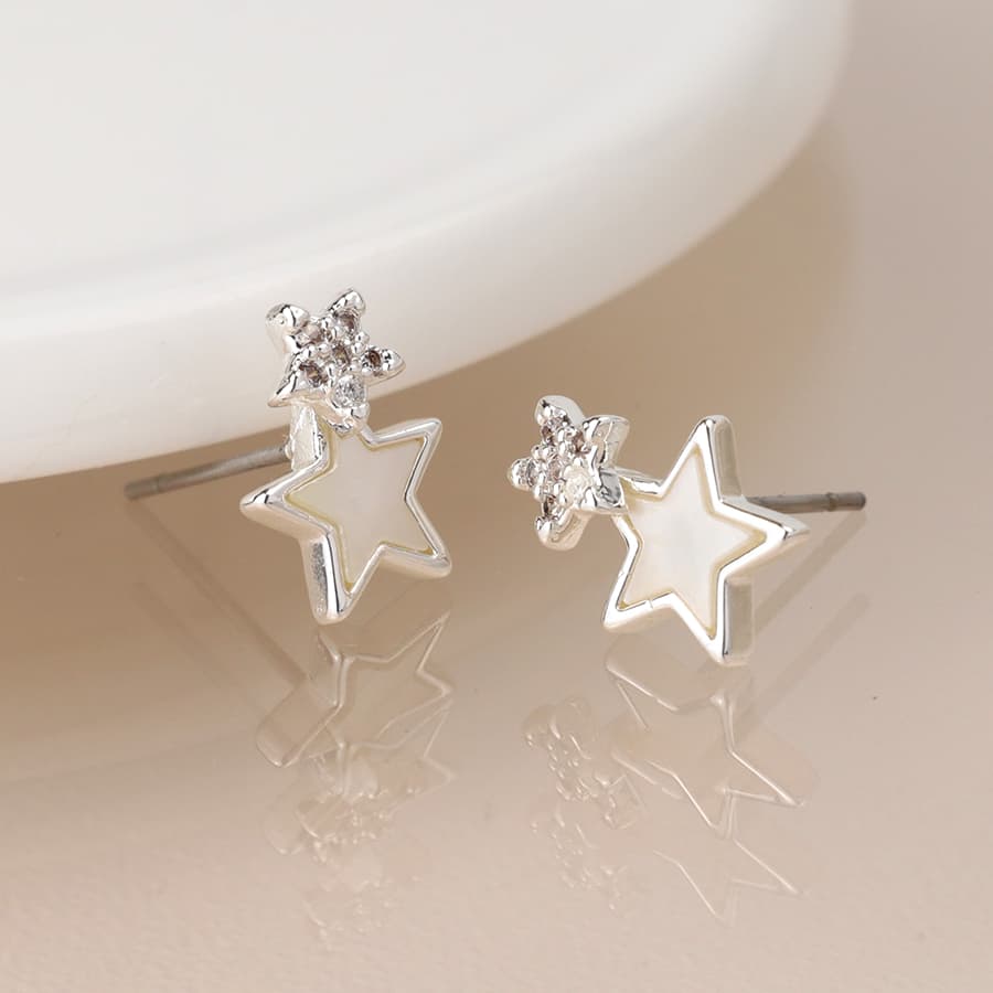 Silver plated double crystal and pearl star studs