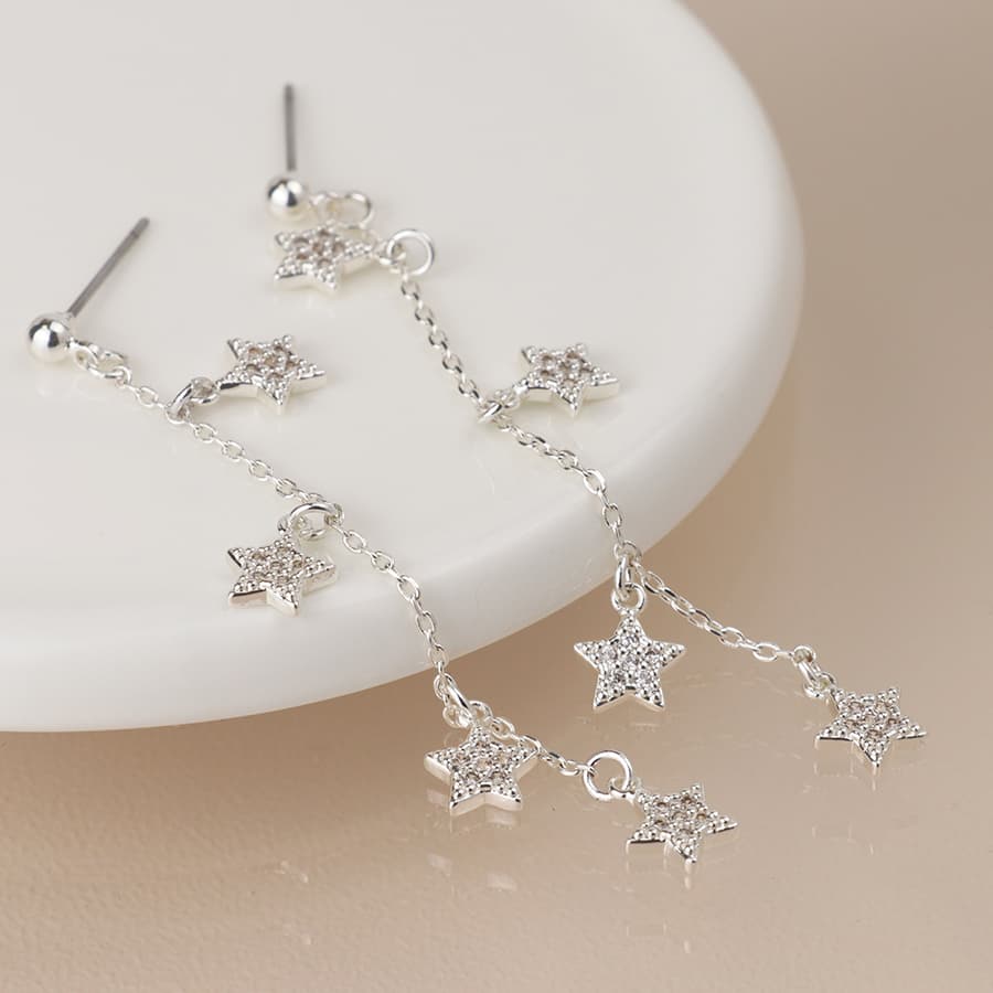 Silver plated chain and crystal star drop earrings