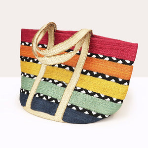Bright stripe jute and black and white recycled bag 81421