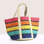 Bright stripe jute and black and white recycled bag 81421