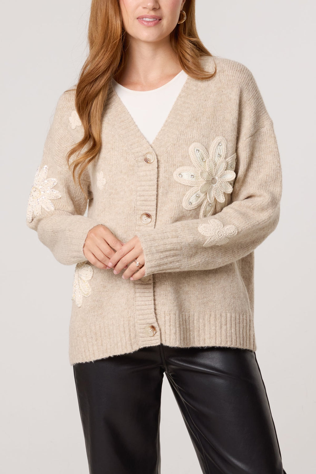CROCHET EMBELLISHED FLOWER KNIT CARDIGAN