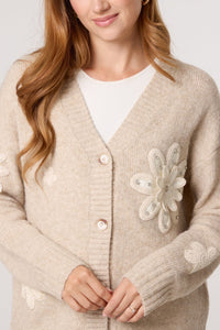CROCHET EMBELLISHED FLOWER KNIT CARDIGAN