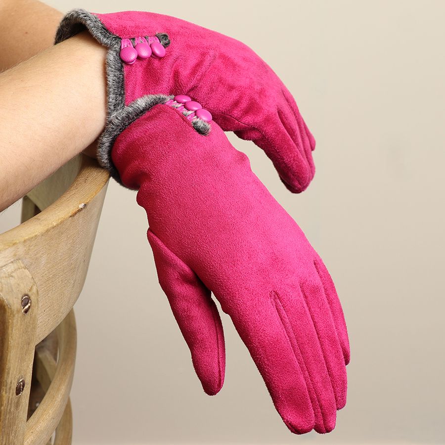 Faux suede button detail gloves