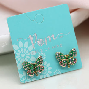 Faux gold plated green enamel and crystal butterfly earrings