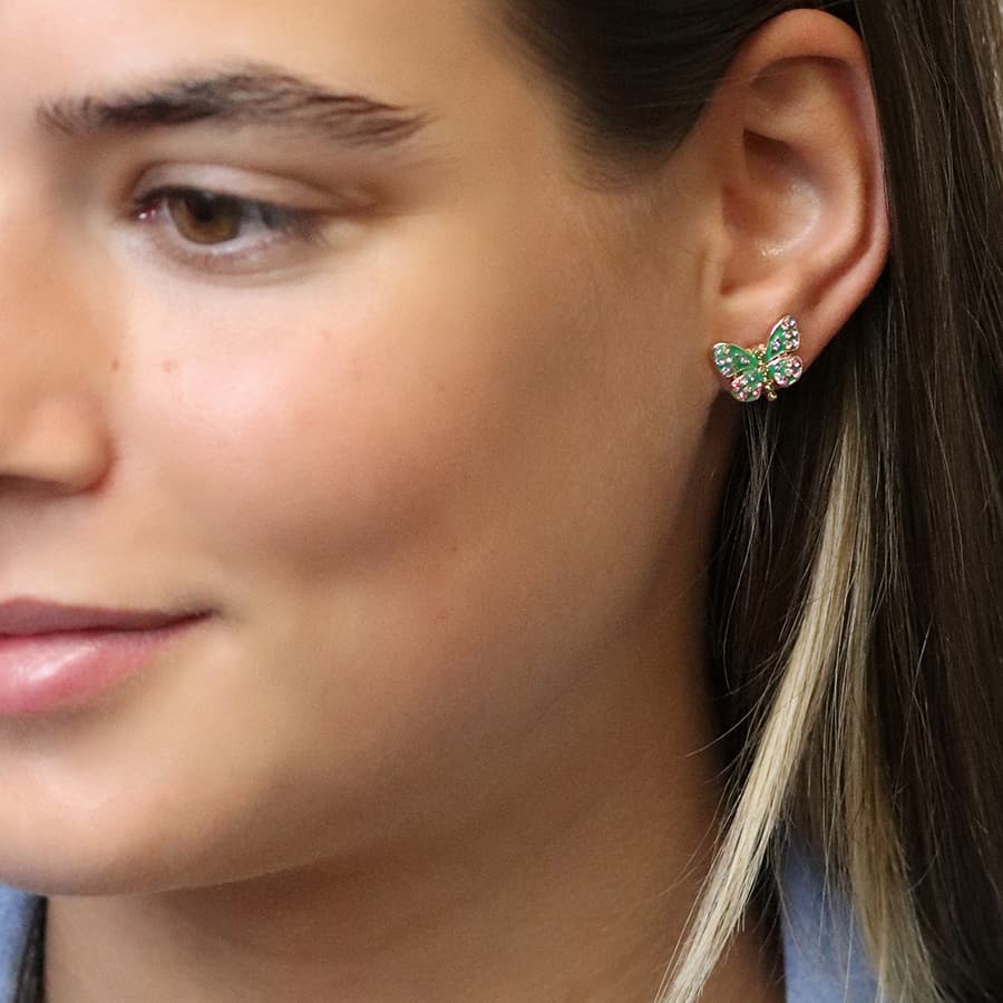 Faux gold plated green enamel and crystal butterfly earrings