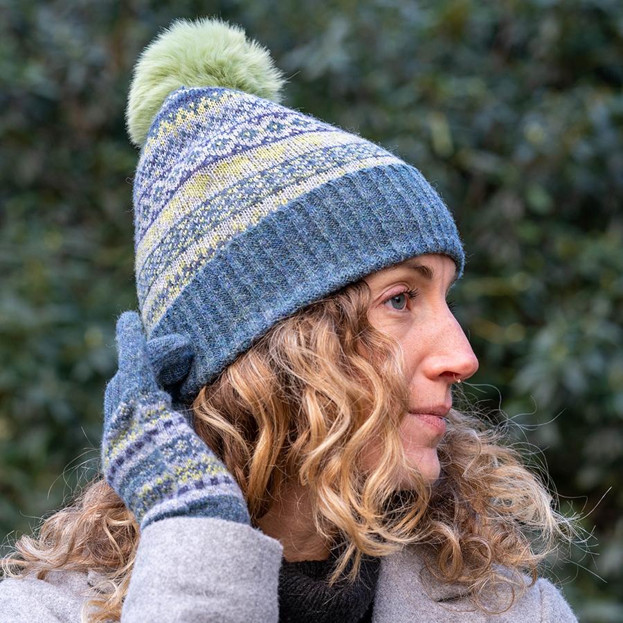 Blue and sage fair isle bobble hat