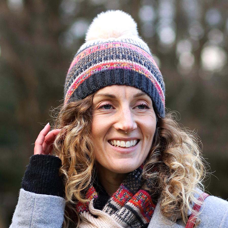 Oatmeal and red fair isle bobble hat