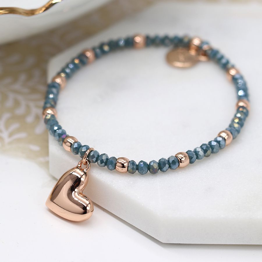Rose gold and blue bead bracelet with rose gold heart