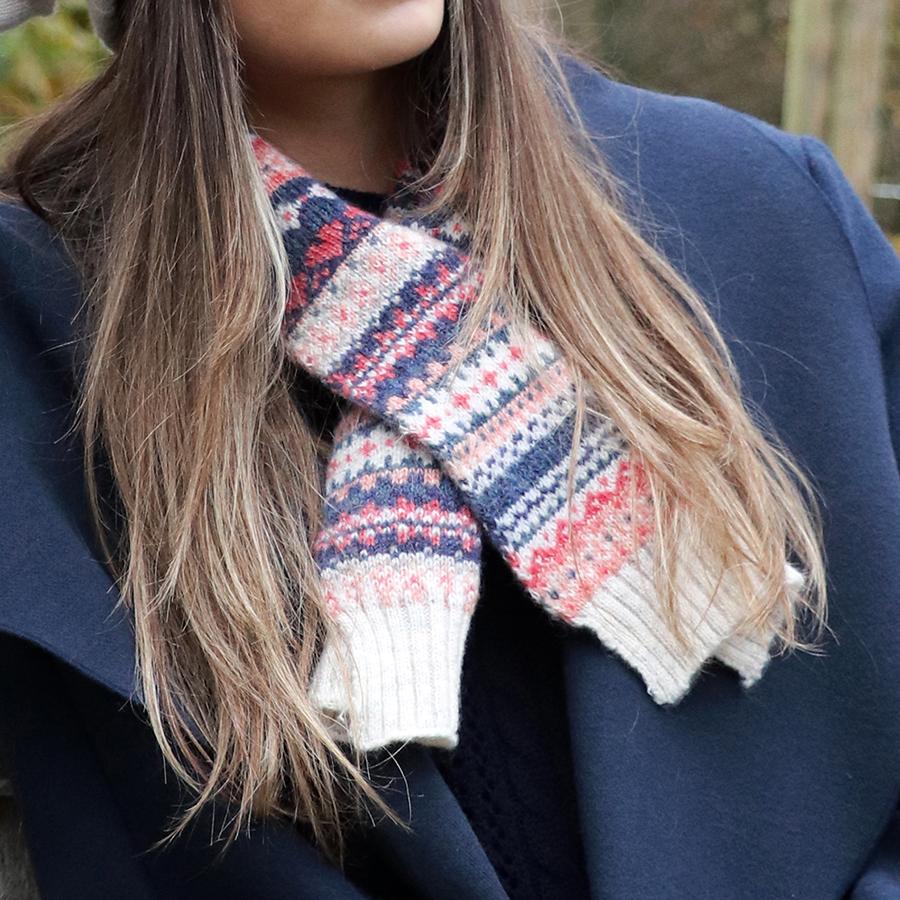 Recycled blend cream and coral fair isle scarf