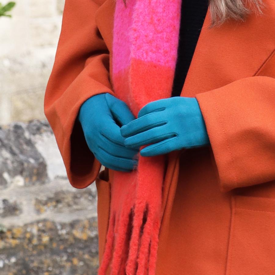 Blue faux suede button detail gloves