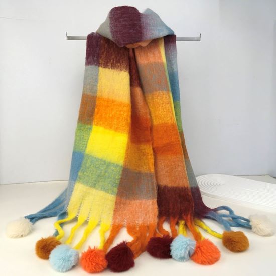 Winter Multi Patch Scarf with Pom Poms