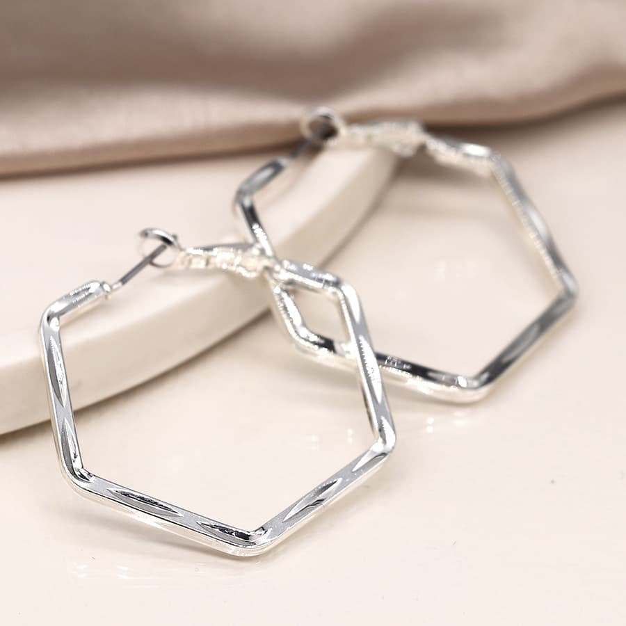 Silver plated hexagon hoop earrings